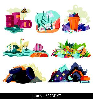 Contamination and pollution, ecological disaster and catastrophe. Isolated barrels with oil or petroleum leakage. Water with plastic bags, dumpster and mine, rubber in fire. Vector in flat style. Pollution and contamination of water soil and air Stock Vector
