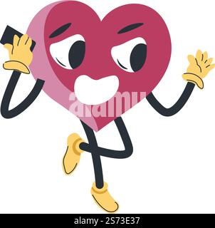 Cheerful heart character talking on cell phone, smiling and communicating. Love and feelings, partnership and expression of love and devotion. Sticker or emoji, emoticon. Vector in flat style. Heart character talking on phone, romance date Stock Vector