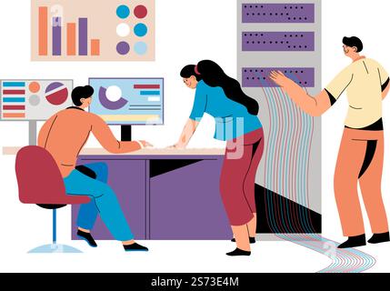 Employees working on project completion, man and woman looking at laptop data and visual information. Brainstorming and thinking on business development and innovations. Vector in flat style. Office team working on project, brainstorming Stock Vector