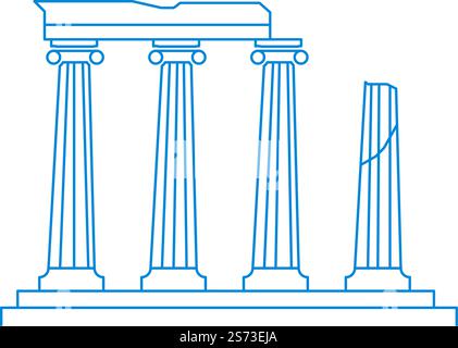 Ancient greek or roman architectural elements, ruins of temples or buildings. Hellenic or doric columns, pillars with pedestal, architecture. Line art, minimalist sketch. Vector in flat style. Ruins of ancient Greek landmark, columns pillars Stock Vector
