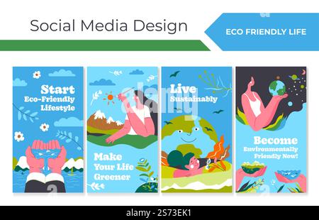 Eco friendly life concept at network story set. Social media collection with flat woman character, vector illustration. Sustainable living, easy way to start promotion at online page. Eco friendly life concept at network story set Stock Vector