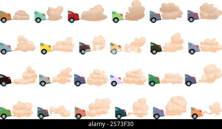 Traffic fumes icons set cartoon vector. Gas car. CO2 traffic. Traffic fumes icons set cartoon vector. Gas car Stock Vector