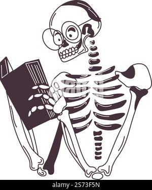 Male skeleton character wearing glasses and reading book. Isolated funny man personage with skull and bones, sticker or emoji Santa Muerte. Monochrome outline or tattoo sketch. Vector in flat. Skeleton character wearing glasses reading book Stock Vector