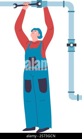 Male character working as a plumber, fixing and maintaining pipes. Household duties and chores, specialist with tools and instruments handyman wearing protective uniform. Vector in flat style. Plumber fixing pipe, professional worker with tool Stock Vector