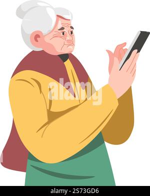 Senior female character using smartphone for entertainment. Elderly lady with mobile phone, touching screen. Grandmother with modern device. Granny leisure time and rest. Vector in flat style. Grandmother using smartphone senior lady and phone Stock Vector