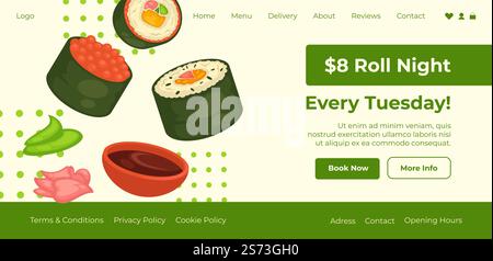 Sushi set and sashimi served in restaurant or cafe. Oriental and Asian dishes on sale, roll night every Tuesday with discounts. Website landing page template, online site. Vector in flat style. Every Tuesday Roll night, sushi set in restaurant Stock Vector