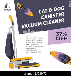 Pet canister vacuum cleaner, cat and dog fur cleaning at home. Discounts and sales on household products and appliances for cleanup. Machine with bag for dirt, banner with price cut. Vector in flat. Cat and dog canister vacuum cleaner discounts Stock Vector