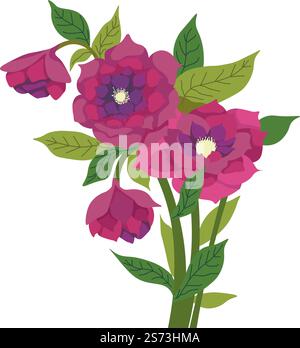 Florist composition of blooming flowers, isolated spring or summer flora in blossom. Flourishing plants with petals, buds and foliage. Present for holiday, shop assortment. Vector in flat style. Rose bouquet, blooming roses florist composition Stock Vector