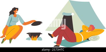Summer camping, woman cooking soup on bonfire. Man laying on mat by tent. Activities and recreation on holidays or weekends, outside relaxation and escape from everyday routine. Vector in flat style. Camping recreation, summer activities on vacation Stock Vector