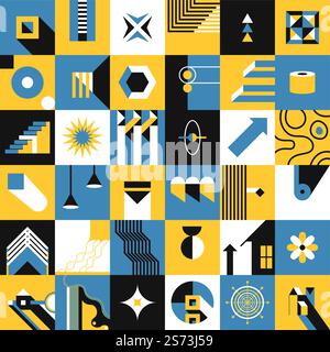 Collage of abstract shapes, geometric forms and modernism drawings. Squares and triangles, circles and lines. Stairs and home with light in window, blooming flower and wheel. Vector in flat style. Abstract prints, squares and geometric shapes Stock Vector
