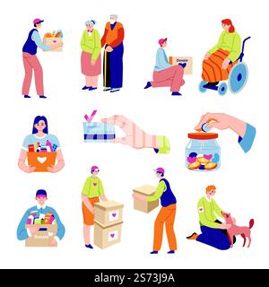 Volunteers helping senior and disabled people. Isolated characters engaged in organizations for donations and charity, raising funds for assisting poor, refugees and those in need. Vector in flat. Charity and donation, helping people and volunteer Stock Vector