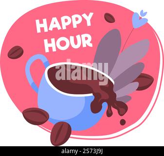 Coffee house happy hours, isolated badge or banner with cup of aromatic beverage and beans. Cafe or restaurant delicious drinks in menu. Americano or espresso in small mug. Vector in flat style. Happy hour in coffee house, cafe drinks vector Stock Vector