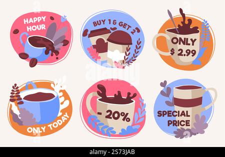 Coffee special deal sign at sticker set design. Colorful tag collection with happy hour, low price text, vector illustration. Isolated on white template symbol with only today, special price offer. Coffee special deal sign at sticker set design Stock Vector