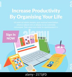 Organize your life and increase productivity at work and personal matters. Organizers and planners, journals and reminders with memos. Calendar with events and papers with info. Vector in flat style. Increase productivity by organizing your life Stock Vector