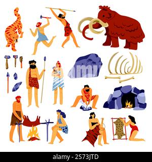 Prehistoric life and culture, primitive people hunting characters. Mammoth and tools from stones, instruments and weaponry. Cave picture and drawing, family making dinner on fire. Vector in flat style. Primitive culture, neanderthal people and mammoth Stock Vector