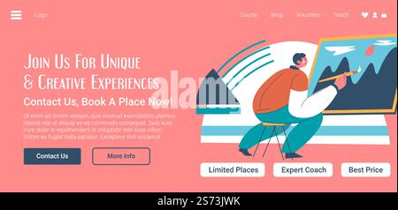 Creative experiences and art, join us for unique skills development and improvement. Contact us and book a place now. Website landing page template, internet site. Vector in flat style illustration. Join art classes online, creative skills in web Stock Vector