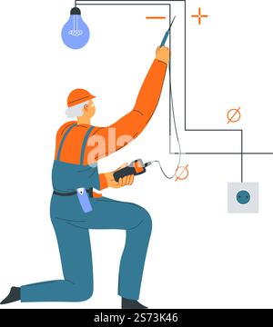 Man fixing electrical system in house, isolated repairman with tools maintaining lamp bulb. Male character wearing uniform clothes holding instruments in hands. Vector in flat style illustration. Electrician man fixing broken light bulb vector Stock Vector