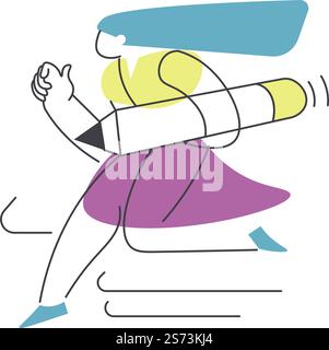 Journalist or copywriter, woman running with big pencil. Digital SEO optimization or editing content. Blogger writing articles, author or creator in web. Abstract line art vector in flat style. Copywriting or journalism, woman with pencils Stock Vector