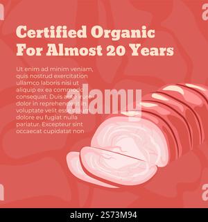 Ecological and organic certified organic meat, service almost 20 years of business. Ingredient for dinner cooking meal dishes. Promotional banner or advertisement poster. Vector in flat style. Certified organic meat for almost twenty years Stock Vector