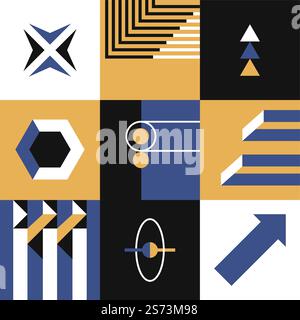 Abstract contemporary design with geometric shapes, lines and forms. Squares with triangles and arrows, modern pattern and prints. Circles and diagonal curves. Vector in flat style illustration. Square print, abstract contemporary design vector Stock Vector