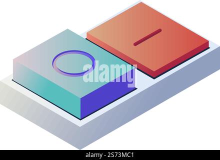 Turn on and off buttons to operate gadget or electronic device. Isolated realistic knob on electric piece, giving commands and controlling. Blue and red switchers on plastic. Vector in flat style. On and off button, knob of electric gadget vector Stock Vector