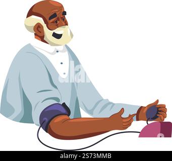 Senior person using device for measuring blood pressure for health care and checkup. Isolated grandfather with tonometer, gadgets for elderly people. Grandpa lifestyle and rest. Vector in flat style. Grandpa using blood pressure device for checkup Stock Vector