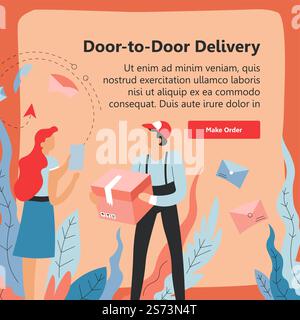 Business shop or store selling products and delivering to door. Customer orient service, make order online and get your parcel in time. Website internet landing page template, vector in flat style. Door to door delivery service, make order web Stock Vector