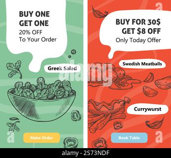 Restaurant menu online with discounts and special offers for clients. Buy one get sale, swedish meatballs and greek salad, currywurst. Website internet landing page template, vector in flat style. Buy one and get discount, special offer in cafe Stock Vector