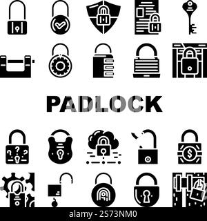 padlock lock safe password icons set vector. privacy secure, security protection, internet element, web keyhole, system padlock lock safe password glyph pictogram Illustrations. padlock lock safe password icons set vector Stock Vector