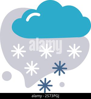 Cloudscape and snowing, seasonal winter blizzard with thick snowflakes. Weather forecast, meteorology and prediction or outlook of conditions. Simple pictogram or widget. Vector in flat style. Clouds and snowing winter weather forecast icon Stock Vector