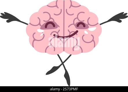 Mindfulness and peace, mind character reaching zen. Meditating brain personage balancing with closed eyes, mental health and understanding of emotions. Funny and calm mascot. Vector in flat style. Meditating brain, mind character with closed eyes Stock Vector