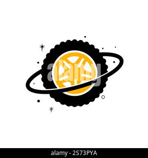 Tire world vector logo template. Vector wheel and planet logo combination. Stock Vector