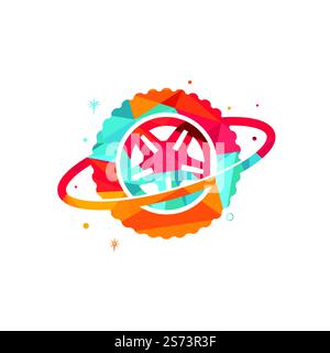 Tire world vector logo template. Vector wheel and planet logo combination. Stock Vector
