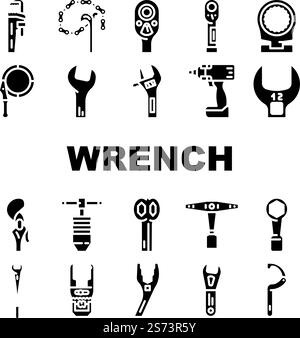 wrench tool spanner repair icons set vector. work maintenance, workshop key, mechanic equipment, construction mechanical wrench tool spanner repair glyph pictogram Illustrations. wrench tool spanner repair icons set vector Stock Vector