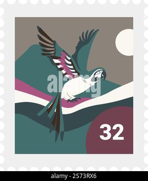 Postmark with exotic bird flying, isolated postal marking with drawing and price. Tropical landscape and avian animal with long wings, sun and mountains in distance, collection. Vector in flat style. Flying parrot bird on postal marking, postmark Stock Vector