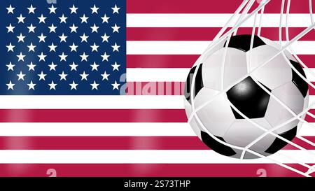 Soccer Football ball in Goal Net with United States USA glossy Flag, Sports Accessory Equipment Stock Vector
