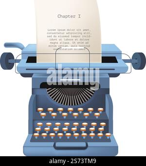 Outdated printing device with chapter printing in process, isolated old typing machine with page and buttons, ink and vintage mechanisms. Publication or publishing of book. Vector in flat style. Old typing machine, outdated printing devices Stock Vector
