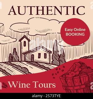 Easy online booking for authentic wine tours. Italian countryside with fields of grapes and vineyards. Excursion showing peculiarities of process making of alcoholic beverages. Vector in flat style. Authentic wine tours, easy online booking vector Stock Vector