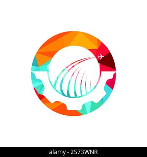 Gear travel vector logo design. Abstract airplane travel fly with gear logo design. Stock Vector