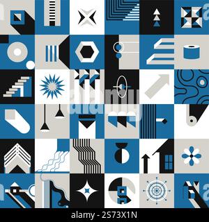 Mosaics made of colorful tile, blocks or square grid with minimalist shapes and abstract form. Primitive representation of objects, house and arrow up, hanging lamp and circe. Vector in flat style. Mid century modern or Bauhaus abstract grid shape Stock Vector