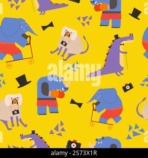 Cute animals, monkey with photo camera, crocodile wearing elegant bowtie and tophat. Rhino with boxing gloves and elephant on scooter. Vector in flat style, seamless pattern, background or wallpaper. Animal seamless pattern, rhino and elephant vector Stock Vector