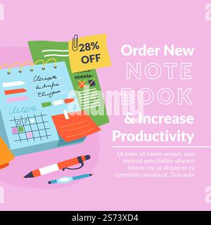 Increasing productivity with planners, organizers and notebooks. Purchase journal or textbook to meet deadlines and achieve goals and results in personal life and business. Vector in flat style. Notebook to increase productivity, purchase now Stock Vector