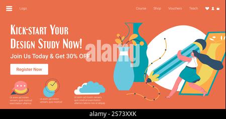 Start learning design, classes and courses online. Education and development of skills, creativity and brainstorming techniques. Website landing page template, internet site. Vector in flat style. Kick start design study now, join us now web Stock Vector