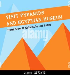 Book now and schedule for later, visit pyramids and Egyptian museum. History and archaeology in African country, monument landmark. Promotional banner, advertisement poster. Vector in flat style. Egyptian museum exhibit, visit pyramids banner Stock Vector
