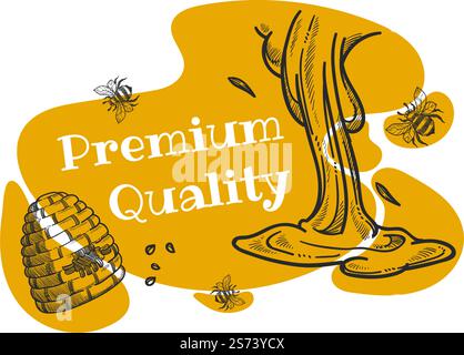 Organic and natural raw bee honey, premium quality ingredient for cooking or preparing desserts. Tasty meal for healthy dieting. Promotional banner, advertisement poster. Vector in flat style. Premium quality bee honey, organic and natural Stock Vector
