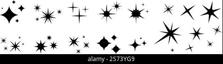 Stars sparkle compositions. Shine black stars stencil, isolated diverse sparkling elements. Sky objects, blink vector signs clipart. Illustration of bright sparkle icon flare. Stars sparkle compositions. Shine black stars stencil, isolated diverse sparkling elements. Sky objects, blink vector signs clipart Stock Vector