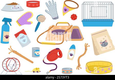 Care and grooming. Pet store, dog groomers service tools. Animal cage and bed, food and treats. Isolated cat dogs hamster decent vector accessories. Illustration of tool doggy product. Care and grooming. Pet store, dog groomers service tools. Animal cage and bed, food and treats. Isolated cat dogs hamster decent vector accessories Stock Vector