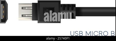 Types of connectors for external drives, digital cameras or other peripherals as a computer might. Isolated USB B cable with pins. Transmission of data through wire. Vector in flat style illustration. USB micro B type of connectors for gadgets vector Stock Vector