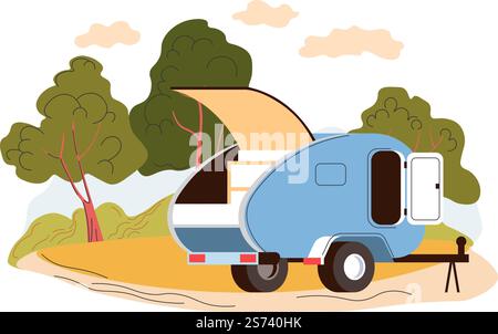Traveling and riding on camper van, staying for night in forest. Vehicle with conveniences for trip. Car with place for sleeping and preparing food. Adventures and vacation. Vector in flat style. Camper van, traveling in summer on own vehicle Stock Vector