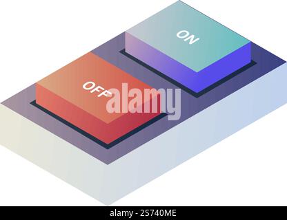 Appliance or device, isolated turn on or off buttons, industry or factory gadgets with switching. Knob on piece of electric or electronic equipment pushing for operation. Vector in flat style. Turn on or off buttons, appliance or device gadget Stock Vector